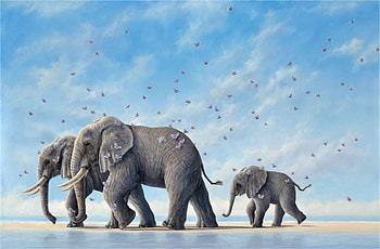 Elephants, art, robert bissell, blue, painting, pictura HD wallpaper