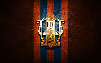 Ehime FC, golden logo, J2 League, orange metal background, football, japanese football club, Ehime FC logo, FC Ehime HD wallpaper