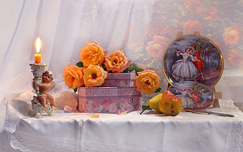 Still life, Candle, Flowers, Tablet, Roses HD wallpaper