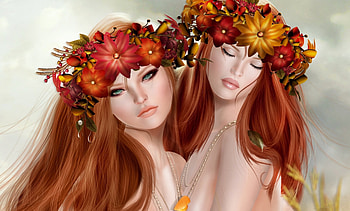 Twin beauties, rendering, girl, woman, twin, fantasy, zodiac, flower, yellow, couple, autumn, gemini, redhead HD wallpaper
