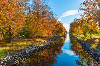 Peaceful autumn scene with colorful trees reflecting in a calm canal. HD wallpaper