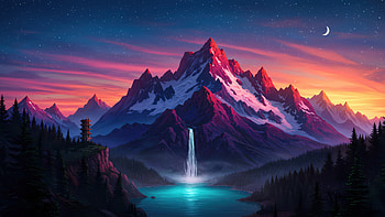 Minimal Waterfall In Mountains Scenery Beautiful , minimalism, minimalist, mountains, beautiful, scenery, ai, artist, artwork, digital-art HD wallpaper