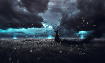 Grass, Art, Clouds, Field, Girl, Overcast, Mainly Cloudy, Wind HD wallpaper