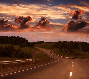 Road at Dusk, fence, clouds, trees, road, beautiful, dusk, sunset, long HD wallpaper