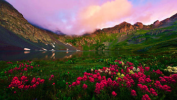 Clear Lake Dawn, sky, hills, wildflowers, sunse, colors, landscape HD wallpaper