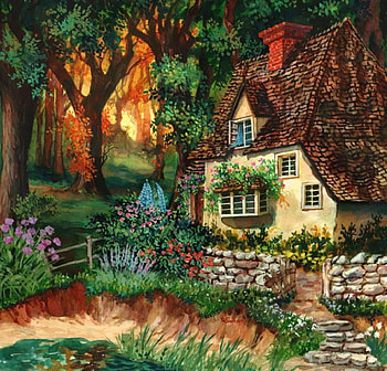 Little Cottage in the Woods, bay window, windows, woods, steps, cute, grass, ground, trail, stone wall, roof, fence, chimney, trees, flowers, cottage HD wallpaper