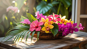 Sunlit Tropical Bouquet —, Orchid, Hibiscus, Bouquet HD wallpaper