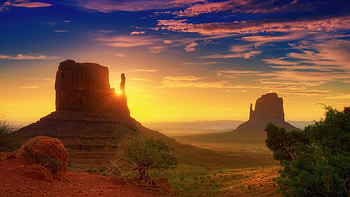 superior desert sunset, trees, monuments, desert, sunset HD wallpaper