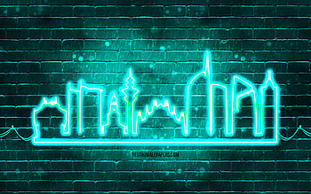 Milan turquoise neon silhouette, , turquoise neon lights, Milan skyline silhouette, turquoise brickwall, italian cities, neon skyline silhouettes, Italy, Milan silhouette, Milan HD wallpaper