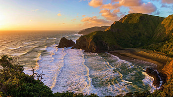 Whites Beach, New Zealand, sky, rocks, sunset, sea, colors, clouds HD wallpaper