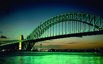 Cities, Water, Background, Sky, Night, Clouds, Building, Lights, Bridge, Big, Large, Arc, Red Green, On The Horizon, Red-Green HD wallpaper