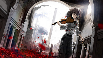 Classical Metroscape, heads, metroscape, pillars, church, violin, modern style, rose, music, brown, passion, roses, city, girl, classical, anime girl, orthodox, love, brown hair, baggy pants, head, hoody HD wallpaper