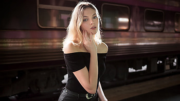 Beautiful Blonde Girl Model Is Sitting In Train Background Wearing Black Dress Girls HD wallpaper