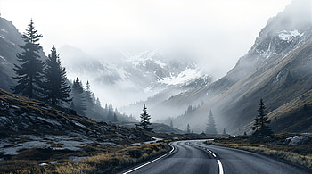 Foggy Mountain Pass —, Road, Forest HD wallpaper