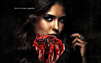 Vampire Diaries (2009-), black, girl, nina dobrev, actress, woman, tv series, fantasy, red, fruit, vampire diaries, blood HD wallpaper