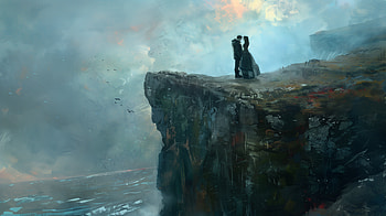Misty Clifftop Embrace, cliff, couple, ocean, fog HD wallpaper