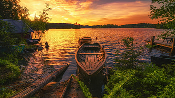 Sunset at the lake, water, reflections, boat, landscape, trees, clouds, sky HD wallpaper