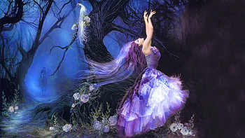 Solitary Dance, blue, art, , girl, woman, purple, digital, fantasy, forrest HD wallpaper