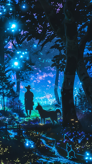 Enchanted Forest Bioluminescence with Dog and Bunny, bioluminescence, dog, bunny HD phone wallpaper
