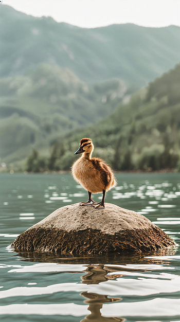 Serene Duckling: A Charming for Nature Lovers, duck, water, mountain HD phone wallpaper