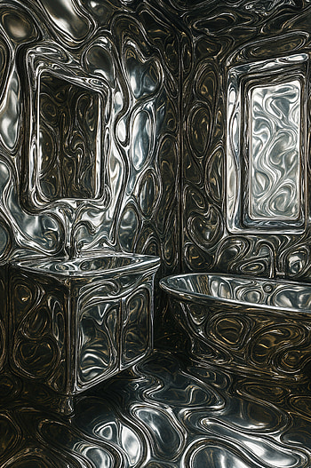 Sleek Metallic Bathroom with Reflective Fluid Design HD phone wallpaper