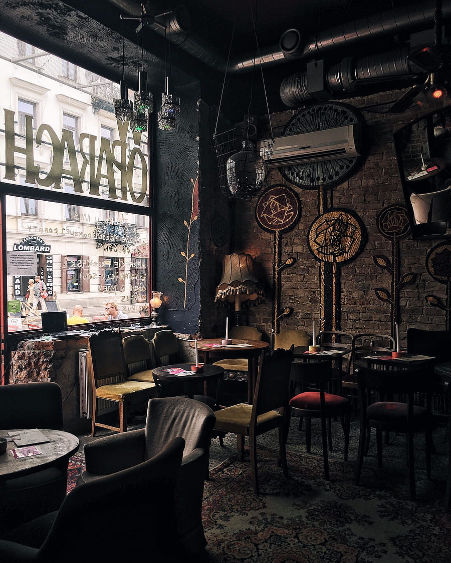 A warm and cozy cafe interior in Warsaw with rustic and vintage decor, perfect for relaxation. HD phone wallpaper