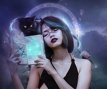 Witchcraft, blue, spell, black, art, asian, cat, girl, alexandra v bach, witch, purple, halloween, fantasy, pisici HD wallpaper