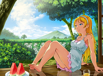 Summer Days, blue, juice, cute, long hair, dress, beauty, lady, trees, blonde hair, female, sweet, white, art, soft, watermelon, girl, beautiful, mountain, woman, summer, anime, pretty, green, clouds, lovely, forest HD wallpaper