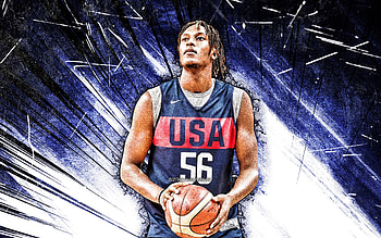 Myles Turner, grunge art, USA Basketball Mens National Team, Myles Christian Turner, basketball, blue abstract rays, US mens national basketball team, Myles Turner HD wallpaper