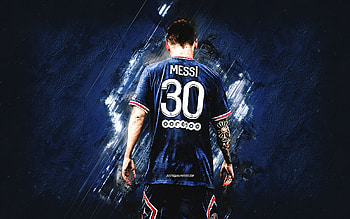 Lionel Messi, PSG, blue stone background, Paris Saint-Germain, Messi PSG, grunge art, football HD wallpaper