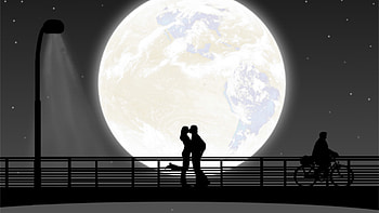 Full Moon Night Couple Kiss, love, couple, moon, kiss, artist, artwork, digital-art, monochrome, black-and-white HD wallpaper