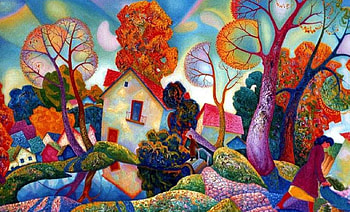 M.Chernyavsky. October in Bavaria, autunm, painting, art, m chernyavsky, village, tree HD wallpaper