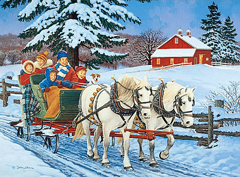 Oh What Fun !, winter, children, house, artwork, sleigh, horses, painting, fence, snow, trees HD wallpaper
