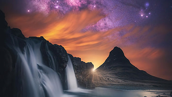 Waterfall Glowing Sky Stars Mountains , mountains, sky, stars, nature HD wallpaper