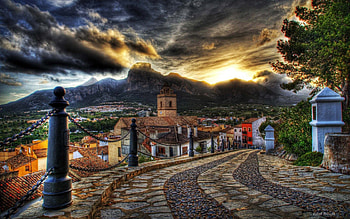 Cities, Flowers, Houses, Sunset, Sky, Mountains, Streets, Architecture, Clouds, Road, Beautiful, Old, Colorful, r HD wallpaper