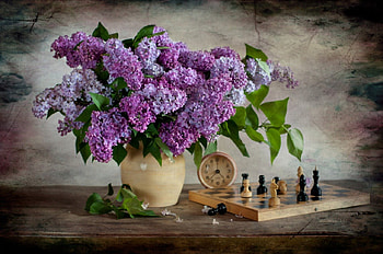 Still Life, lilacs, vase, nature, clock, flowers, lilac HD wallpaper