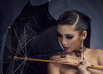 Beauty, umbrella, black, model, asian, girl, oriental, woman, jewel, chakrit chanpen HD wallpaper