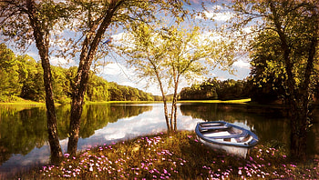 Springtime Reflections, Tennessee, lake, boat, landscape, trees, water, reflections, usa HD wallpaper