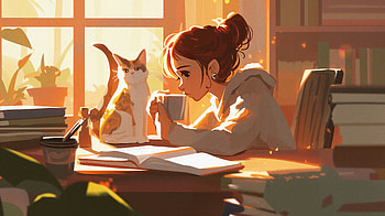 Woman and Cat Studying -, woman, cat, Study, girl, Cozy HD wallpaper