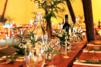 Beautifully arranged dining table with greenery and glassware in a warm indoor setting. HD wallpaper
