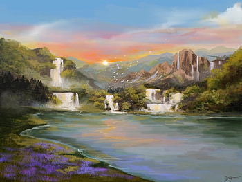 Landscape, Birds, Rivers, Sunset, Art, Waterfall HD wallpaper