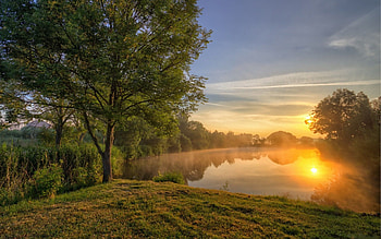 Sunset Reflections, river, trees, clouds, sky, sun HD wallpaper