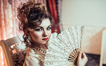 Woman With Hand Fan, Hand, White, Rocking Chair, Lacy, Brunette, Red, Woman, Fan HD wallpaper