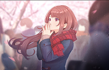 Cute, anime girl, pretty eyes, winter, red scarf HD wallpaper