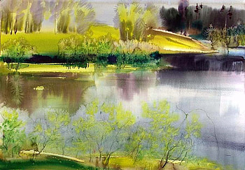 Yuri brittle. Spring Princess, yuri brittle, painting, art, nature, pond HD wallpaper