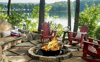 Terrace by the Lake, chairs, fireplace, terrace, lake HD wallpaper