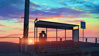 Journey To Love Bus Stop Cuddle Of The Anime Sweethearts, anime-girl, anime, couple, love, artist, artwork, digital-art HD wallpaper