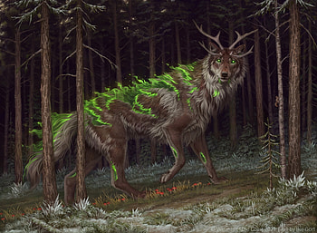 Flourishing hunter, horns, fantasy, art, green, wolf, lup, forest, dark, ilse gort HD wallpaper