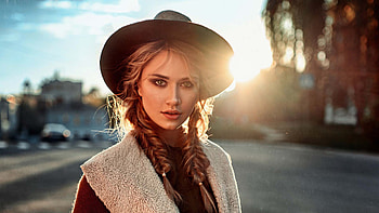 Beautiful Girl Model Daria Severskaya Is Wearing Big Hat And Brown Dress Standing In Sunrays Background Girls HD wallpaper