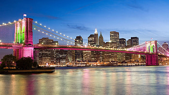 beautifully colored brooklyn bridge, river, city, lights, colors, bridge HD wallpaper